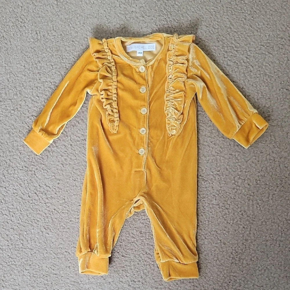 Rachel Zoe Baby Girl Mustard Yellow Velvet One Piece - Size 3-6M